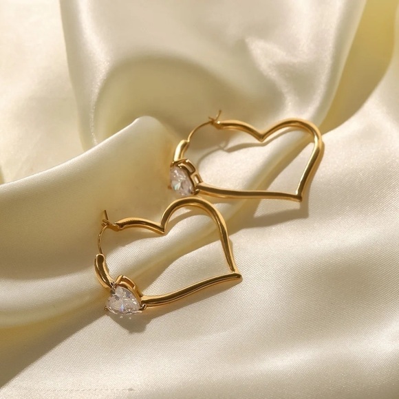 18K Gold Plated Heart Cubic Zirconia Hoop Earrings - Picture 5 of 8